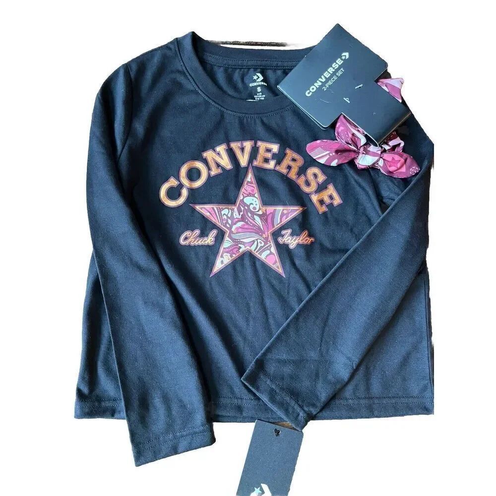 Converse Girlsโ 2 Piece Black Long Sleeve Top Size S andโScrunchie